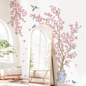 decalmile Pink Cherry Blossom Flower Tree Wall Decals Hanging Floral Tree Branch Birds Wall Stickers Living Room Bedroom Tv Background Wall Decor