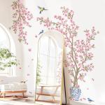 decalmile Pink Cherry Blossom Flower Tree Wall Decals Hanging Floral Tree Branch Birds Wall Stickers Living Room Bedroom Tv Background Wall Decor