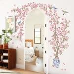 decalmile Pink Cherry Blossom Flower Tree Wall Decals Hanging Floral Tree Branch Birds Wall Stickers Living Room Bedroom Tv Background Wall Decor