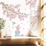 decalmile Pink Cherry Blossom Flower Tree Wall Decals Hanging Floral Tree Branch Birds Wall Stickers Living Room Bedroom Tv Background Wall Decor