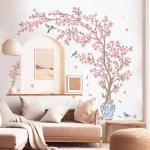 decalmile Pink Cherry Blossom Flower Tree Wall Decals Hanging Floral Tree Branch Birds Wall Stickers Living Room Bedroom Tv Background Wall Decor