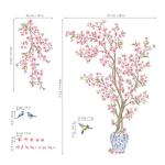 decalmile Pink Cherry Blossom Flower Tree Wall Decals Hanging Floral Tree Branch Birds Wall Stickers Living Room Bedroom Tv Background Wall Decor