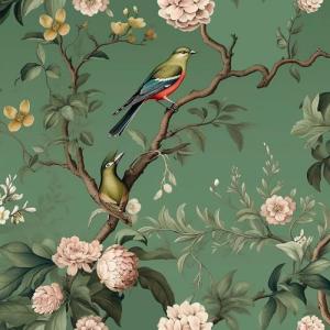 VEELIKE Vintage Green Bird Wallpaper Peel and Stick Chinoiserie Floral Wallpaper Removable Prepasted 17.7''x118'' Green Floral Wall Mural Self Adhesive Renter Friendly Wall Deco for Bedroom Bathroom