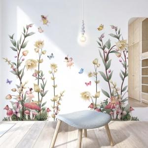 NXUEBDU Boho Flower Wall Decals Fairy Wall Decor Wildflower Stickers with Mushroom Peel and Stick Removable for Girls Bedroom, Kids Room, Living Room, Office
