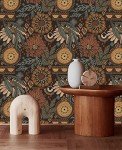 HAOKHOME Wallpaper Peel and Stick Floral Boho Brown/PeachPuff/Green Retro Wall Decor Bathroom Removable Mural 17.7in x 32.8ft