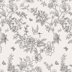 Froluya Black and Cream White Floral Wallpaper Peel and Stick Wallpaper 17.7in×393.7in Vintage Floral Contact Paper Flowers Birds Removable Self Adhesive Decorative Wall Paper for Bathroom Cabinets