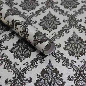 Micpolo 17.7" x 394" Black Peel and Stick Wallpaper Black Vintage Wallpaper for Bedroom Damask Contact Paper Removable Wallpaper Self Adhesive Vinyl Film Decorative WallCovering