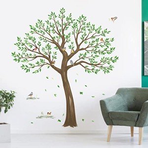 wondever Large Tree Wall Stickers Green Leaves Birds Peel and Stick Wall Decals for Living Room Bedroom TV Wall (H: 63inches)