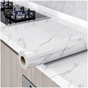 Glossy Marble Paper Granite Gray/White Wallpaper Peel and Stick Wallpaper Self Adhesive Removable Wallpapers 15.8″ ×197″ Waterproof Countertop Paper for Cabinet Countertop Furniture Kitchen Viny Film