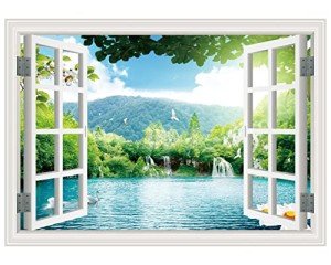FLFK Fake Window Wall Sticker - Landscape Faux Window Wall Mural for Wall Decor, Stick and Peel Wall Decals,48"x32",Set of 2 Sheets