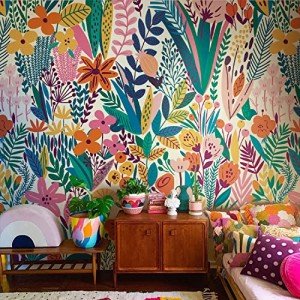Flortlias Peel and Stick Floral Wall Mural, Leather Textured Vinyl Self-Adhesive Wallpaper for Bedroom Living Room Accent Wall Decor, Urban Colorful Floral, Bright, 92''x125''