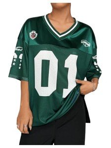 Floerns Women's Football Jersey Shirts for Women Oversized Sports Jersey Letter Print V Neck Team Shirts Half Sleeve Custom Jersey Green Large