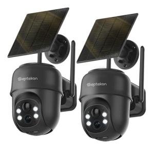 Septekon 2K Solar Security Cameras Wireless Outdoor 2 Pack, 360°PTZ Battery Powered Outdoor Camera, 2.4G WiFi Camera with Spotlight Color Night Vision, Motion Sensor Alarm, IP66, Black
