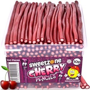 Sweetzone Cherry Pencils, UK British Retro Sweets Tub, 100 pcs, American Halal Gummy Candy Sticks Bulk for Sweet Enthusiasts