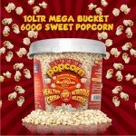 MacCorns Sweet Popcorn Bucket | 10ltr Reusable Bucket of 600g Sweet Popcorn with Handle | Crispy & Delicious Sugar-Coated Popcorn Ideal For Parties, Events & Movie Nights | Free from Dairy & Nuts