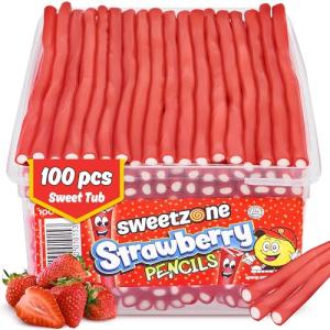 Sweetzone Strawberry Pencils, Retro Sweets Tub, Candy Sticks, 100 pcs, Halal Sweet, Sweets Bulk, Gummy American Candies, UK British Candy Enthusiasts