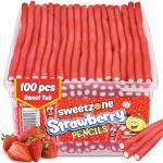 Sweetzone Strawberry Pencils, Retro Sweets Tub, Candy Sticks, 100 pcs, Halal Sweet, Sweets Bulk, Gummy American Candies, UK British Candy Enthusiasts