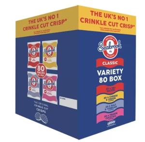 Seabrook Variety Box, 80 x 25g – Assorted Flavours of Classic British Crinkle Cut Crisps, Perfect for Lunchboxes, Sharing, Vending & On-the-Go Snacking, Gluten-Free & Vegetarian Friendly