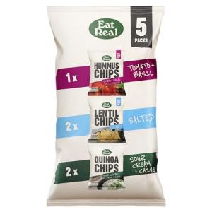Eat Real Mixed Multipack - 2 x 18g Salted Lentil, 2 x 20g Sour Cream & Chive Quinoa, 1 x 22g Tomato & Basil Hummus Chips