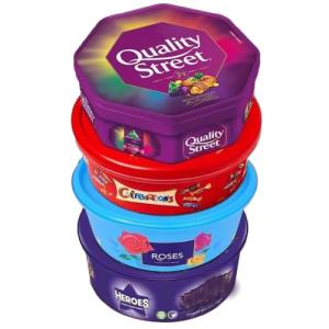 Oscanoltd 4 x Chocolate Tubs ASSORTED PACK 1 EACH Of Celebrations, Heroes, Roses, Quality Street Chocolate Sharing Tub Perfect For Any Occasion Ideal Gifts