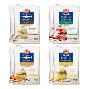 EasiYo Yogurt 8 Sachet Pack | EasiYo Greek Style Mixed Pack | 2 x Greek Style Coconut 2 x Greek Style Rhubarb 2 x Greek Style Peach & Apricot 2 x Greek Style Lemon | Each Sachet Makes 1kg of Yogurt