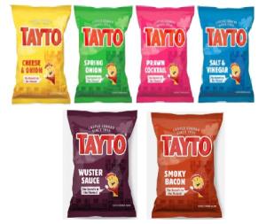 Tayto 36 x 25g Mix Box Potato Flavoured Chips, • 8 x Cheese & Onion,8 x Smoky Bacon.6 x Wuster Sauce, 6 x Prawn Cocktail,6 x Spring Onion,2 x Salt & Vinegar