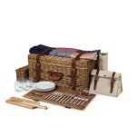 PICNIC TIME Charleston Luxury Wicker Picnic Basket for 4 with Blanket and Deluxe Set, Beige Canvas