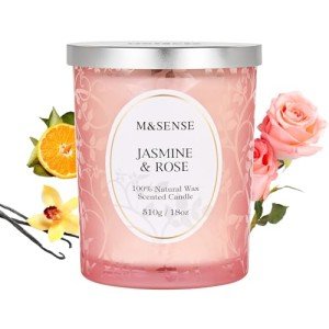 M&SENSE Jasmine Rose Candle, Wooden Wick Scented Candle Gifts for Women, 100 Hours Slow Burning Natural Soy Candles 18oz, Stress Relief Aromatherapy Candles Home Decor, Gifts for Her Him