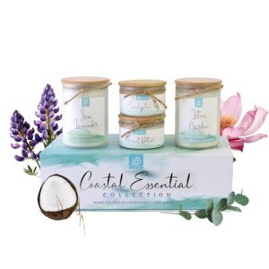 BB Candles Coastal Essentials Scented Candle Gift Set, Decorative Candles for Home Decor, Long Burning Candles Set - 4 Candles 80 Value(Sea Lavender, Lotus Garden, Eucalyptus Tea, and Coconut Vetiver)