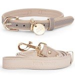 NINA WOOF London Vegan Leather Dog Collar and Leash Bundle (Small) - Luxury Cute Dog Collar and Dog Lead - Soft Padded and Adjustable for Small, Medium, and Large Dogs - Grey Over Beige