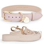 NINA WOOF Milan Genuine Vegan Leather Dog Collar and Leash Bundle (Medium) - Soft Padded Collar with Adjustable Buckle Bundled with a Matching Long Dog Leash for Small, Medium, and Large Dogs - Lilac