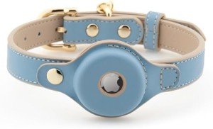 NINA WOOF Cupertino Dog Collars, Harnesses & Leashes Made from Vegan Leather with Dog Tracker Device Holder Adjustable Dog Collar - Color Blue, Medium
