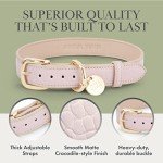 NINA WOOF Milan Genuine Vegan Leather Dog Collar and Leash Bundle (Medium) - Soft Padded Collar with Adjustable Buckle Bundled with a Matching Long Dog Leash for Small, Medium, and Large Dogs - Lilac
