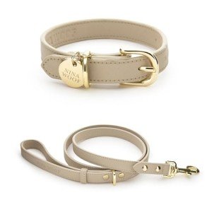 Copenhagen Leather Dog Collar - Handmade with Vegan Soft Leather Round Padded Collar Extra Small - Leather Dog Leash - Cupertino - Slim Leash - Beige - 4ft