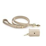 NINA WOOF Leather Dog Leash - Slim Leash Soft Dog Collars 4ft & Leather Poop Bag Holder Dispenser - Pet Diaper & Poop Bags Small Pouch Holder - Cupertino Beige