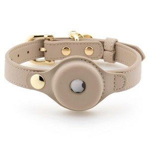 NINA WOOF Cupertino Dog Collars, Harnesses & Leashes Made from Vegan Leather with Dog Tracker Device Holder Adjustable Dog Collar (Small, Beige)