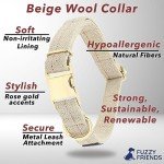 Fuzzy Friends Beige Wool Collar. A hypoallergenic, designer dog collar with gold metal buckle. This elegant boho dog collar is a comfortable dog collar and perfect girl dog collar or boy dog collar