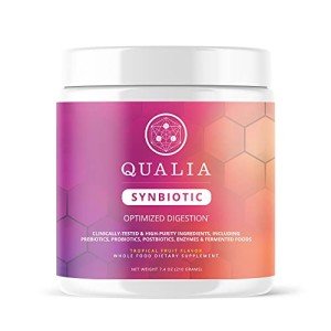 Qualia Synbiotic 28 Science-Backed Spore Probiotics, Prebiotics, Postbiotics, Fermented Foods for Gut Health & Digestion Support, Promotes Akkermansia Vegan TROPICAL FLAVOR, (1 Month Supply)
