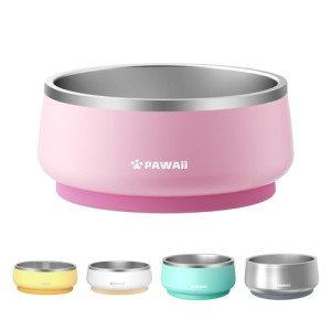 Pawaii Stainless Steel Dog Bowl with Non-Slip Rubber Base & Double Wall Insulation - Durable Design | Includes ID Tag | Dishwasher Safe Food & Water Bowl for All Dogs (34oz)