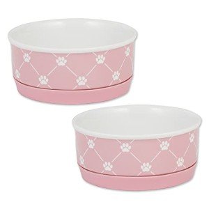 Bone Dry Trellis Paw Print Pet Bowl Set Microwave & Dishwasher Safe, Non-Slip Silicone Bottom for Less Mess, Small 4.25x2, Bubble Gum, 2 Count