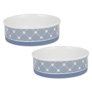 Bone Dry Trellis Paw Print Pet Bowl Set Microwave & Dishwasher Safe, Non-Slip Silicone Bottom for Less Mess, Large 7.5x2.4, Stonewash Blue, 2 Count