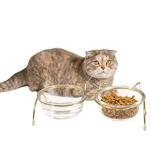 Qucey Cat Food and Water Bowls Set, Raised Cat Bowls for Food and Water, Elevated Pet Glass Bowls with Stand, 17 oz Cats and Dogs Bowl, Dishwasher Safe