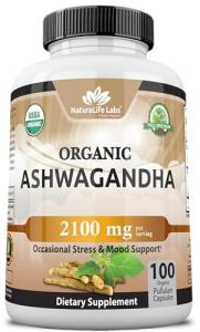 Organic Ashwagandha 2,100 mg - 100 Veggie Capsules Pure Organic Ashwagandha Powder and Root Extract - Stress Relief, Mood Enhancer