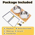 FUNACAY Elevated Dog Bowls - Double 54 oz Bowls， Bamboo 15° Tilted Raised Dog Bowl Stand with 2 Stainless Steel Bowls for Small & Medium Dogs, Indoor Dogs and Adult Cats Feeder