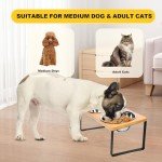 FUNACAY Elevated Dog Bowls - Double 54 oz Bowls， Bamboo 15° Tilted Raised Dog Bowl Stand with 2 Stainless Steel Bowls for Small & Medium Dogs, Indoor Dogs and Adult Cats Feeder