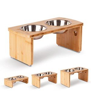 Elevated Dog Bowls, Bamboo Raised Dog Bowl for Medium Dogs, with 2 Stainless Steel Bowls (7'' Tall-30 oz Bowl)