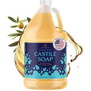 YARELI Pure Castile Soap Liquid, Unscented, with All Organic Oils for Adults, Kids and Babies as Body Wash or Hand Soap, 64oz Refill