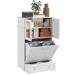 PawHut Dog Feeding Station with 2 Storage Cabinets, Pet Feeding Station with 2 Elevated Dog Bowls, Side Hooks, Anti-tip Kit, Hidden Pet Feeder Station for Feeding & Watering, White