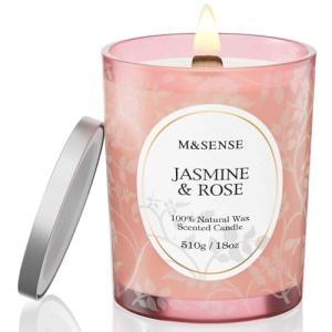 M&SENSE Jasmine Rose Candle, Wooden Wick Scented Candle Gifts for Women, 100 Hours Slow Burning Natural Soy Candles 18oz, Stress Relief Aromatherapy Candles Home Decor, Gifts for Her Him