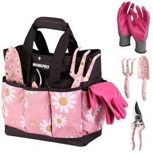 WORKPRO 5PCS Gardening Tools, Aluminum Heavy Duty Garden Tool Set with Bag, Ideal Gardening Gifts for Women, Pink